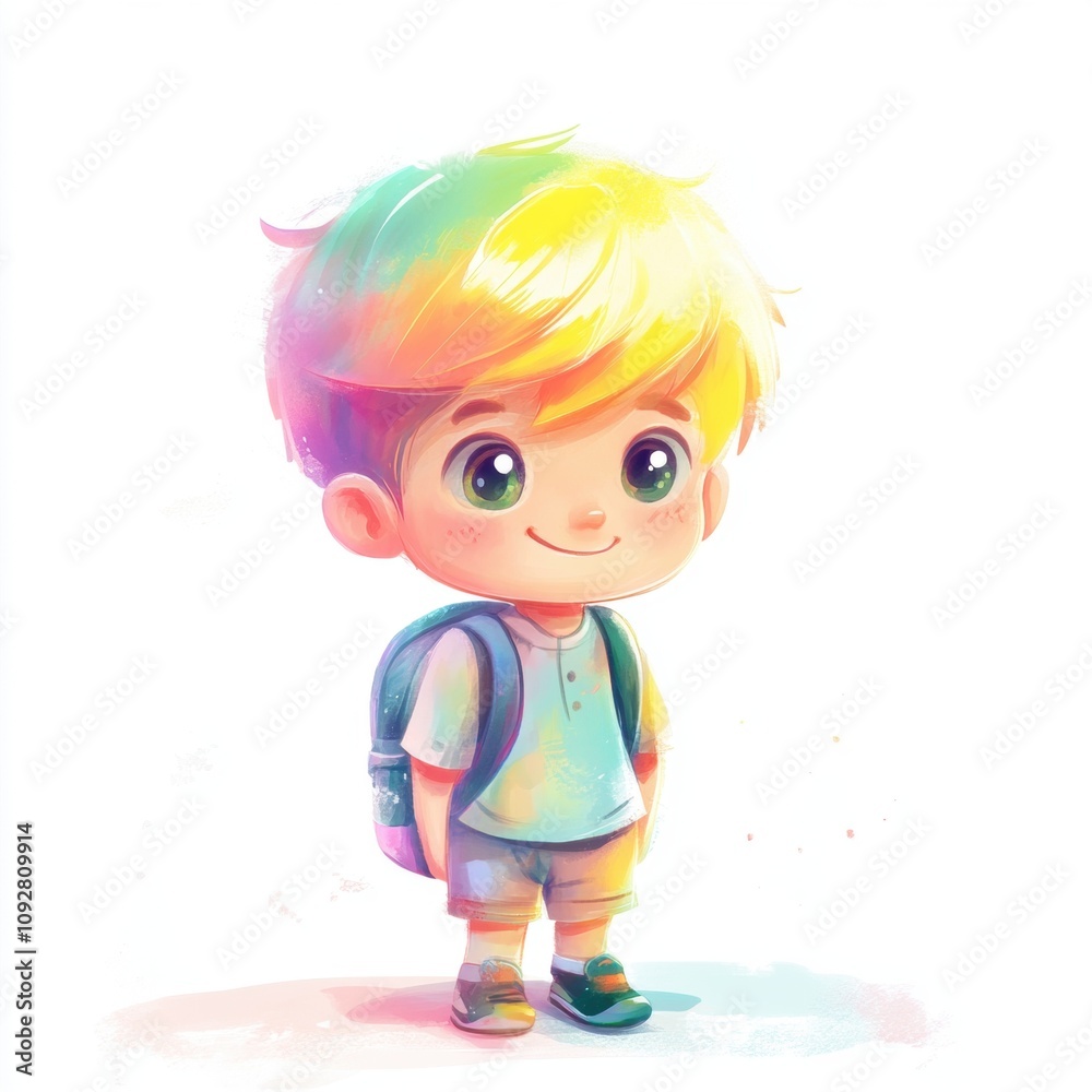 A cheerful cartoon boy with colorful hair and a backpack, white isolated background. A cheerful cartoon boy with colorful hair and a backpack, white isolated background.