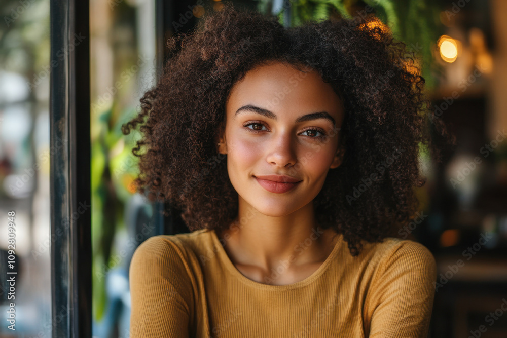 Smiling young African American woman with curly hair sitting in a cozy café, wearing a mustard yellow top. Soft natural light enhances her relaxed expression. Smiling young African American woman with curly hair sitting in a cozy café, wearing a mustard yellow top. Soft natural light enhances her relaxed expression.