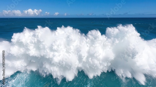 Massive wave crashing into a reef, water splashing upwards with energy, reef wave energy, wild ocean splash photo