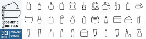 Cosmetic bottles web line icons. cosmetic, beauty, makeup, deodorant, lotion