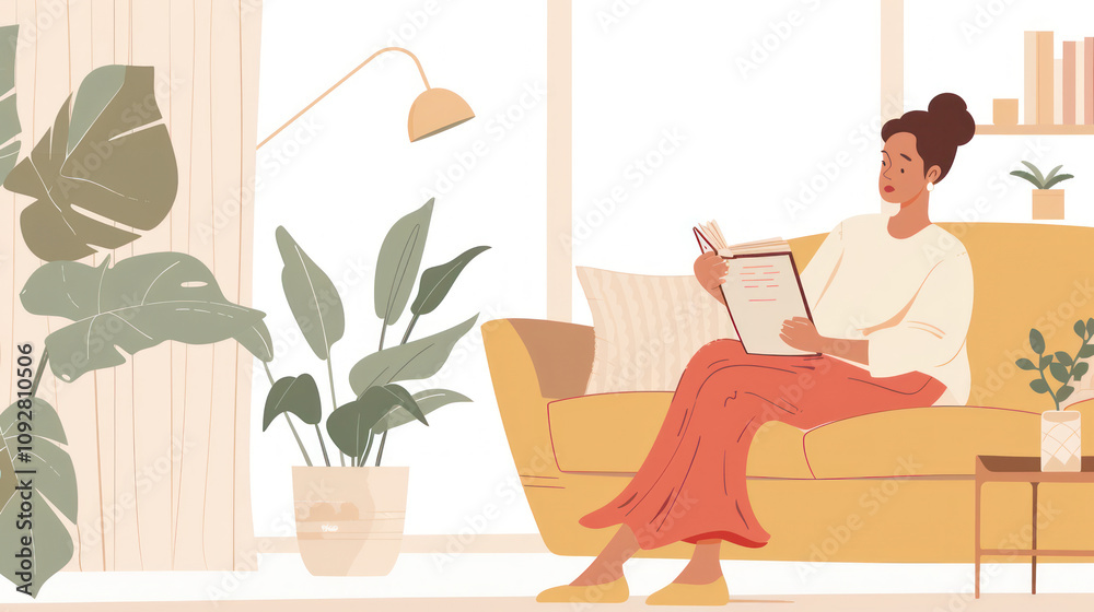Fototapeta premium A woman reading a book about perimenopause in a cozy, softly lit living room, the tone calm and empowering