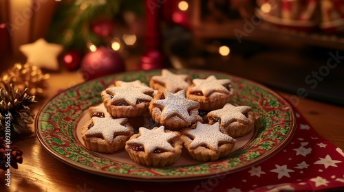 Festive star-shaped cookies on decorative plate with holiday background