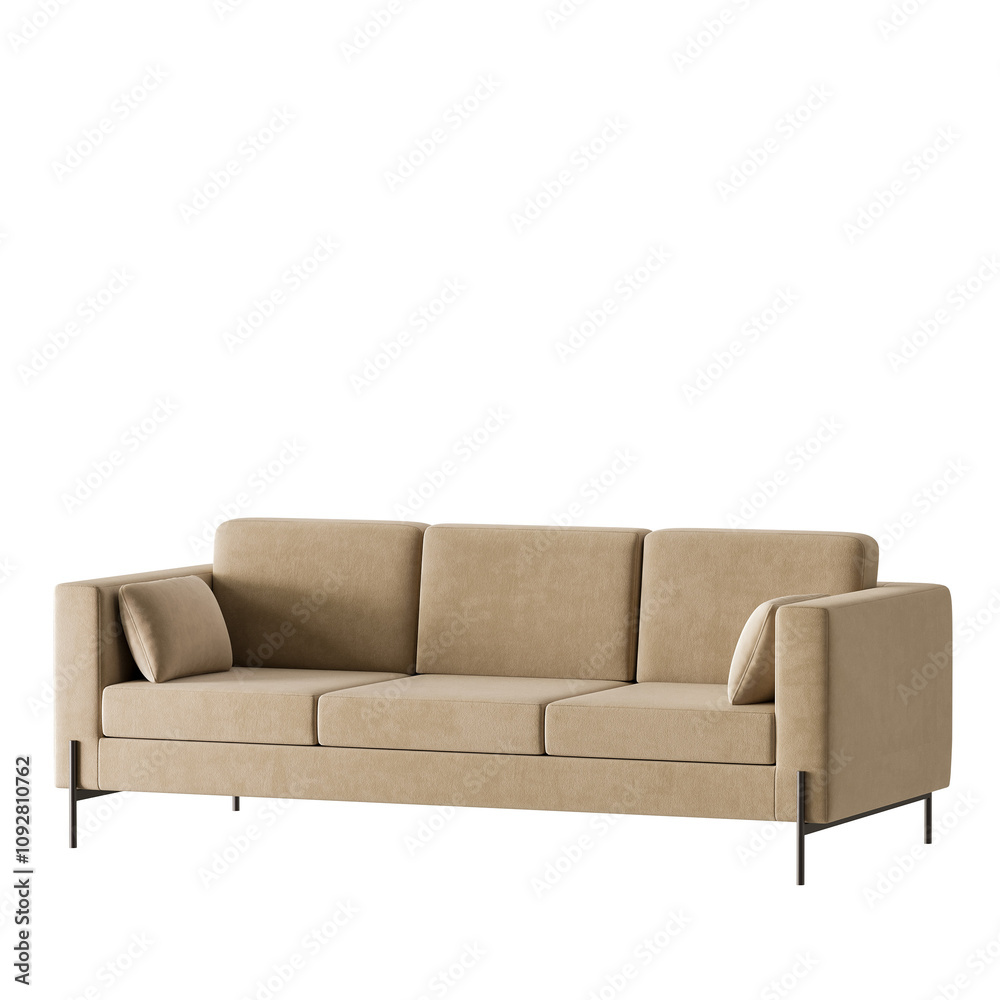 Fototapeta premium A tan couch with three cushions and a black frame