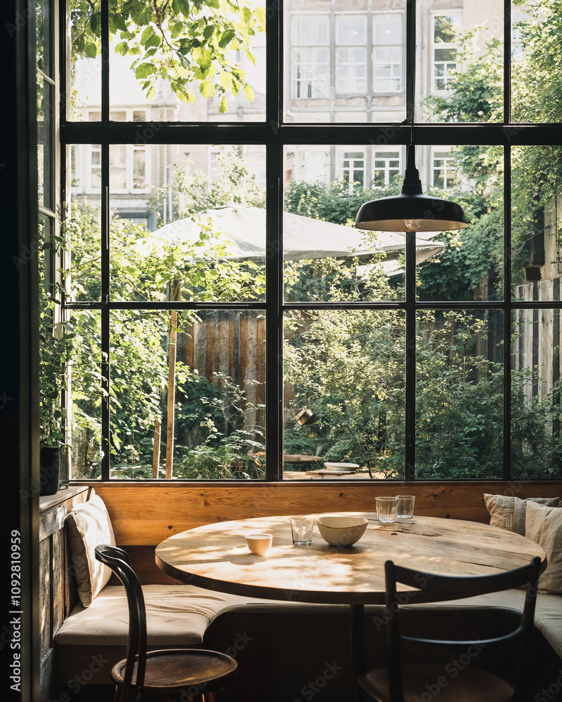 Fototapeta premium Cozy Copenhagen dining space with built-in seating, black pendant, and natural wood details