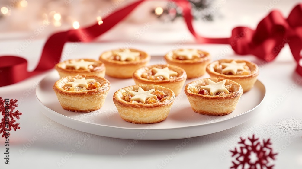 Festive star-topped mini tarts on a white plate with holiday decorations Festive star-topped mini tarts on a white plate with holiday decorations