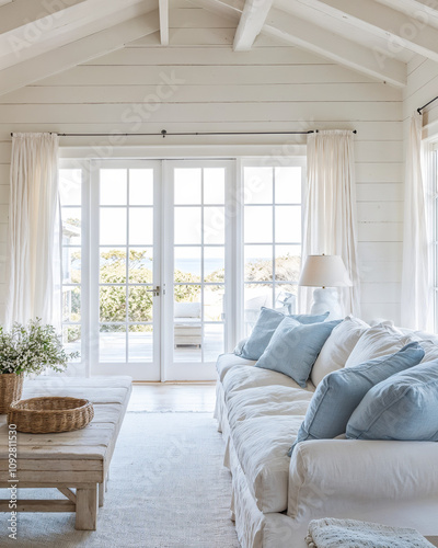 Coastal and relaxing Hamptons sunroom featuring whitewashed shiplap walls and French doors, interior design and decor