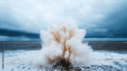 Waves crashing onto a shoreline during a storm, water splashing with immense power, storm wave energy, dramatic ocean splash photo