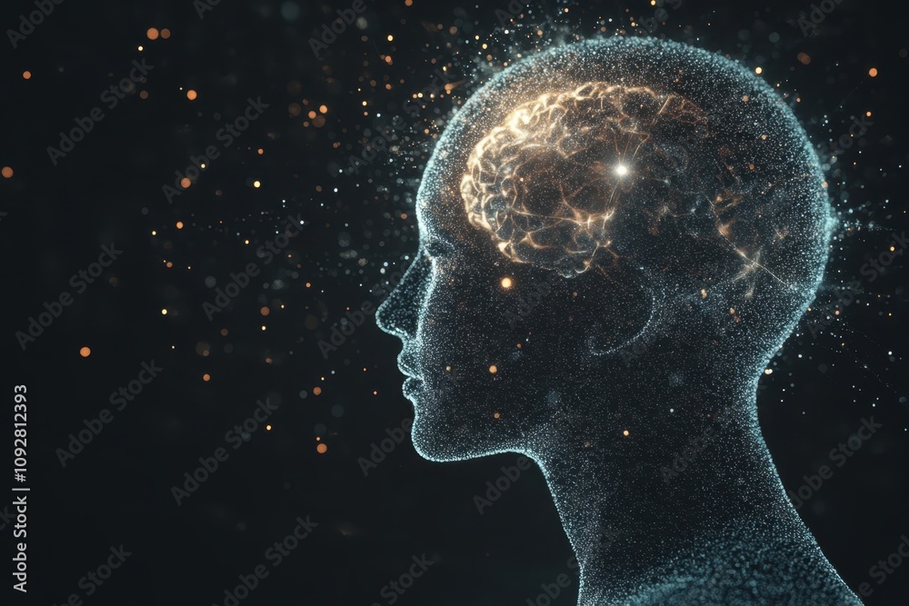 Digital representation of a human head with a glowing brain and particles in space Digital representation of a human head with a glowing brain and particles in space