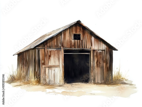 Rustic wooden barn with an open door, white isolate background