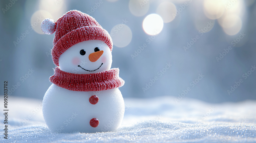Cheerful snowman wearing a red hat and scarf in a snowy landscape. Generative AI. Cheerful snowman wearing a red hat and scarf in a snowy landscape. Generative AI.
