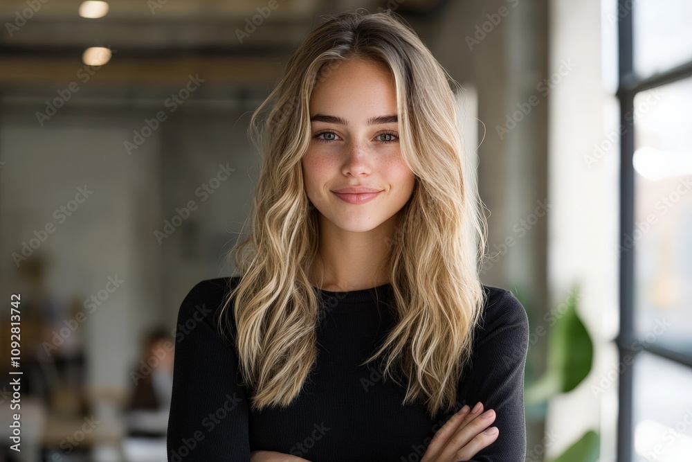 A confident, smiling woman with long hair stands in a bright modern office, exuding professionalism and warmth, with soft lighting enhancing her features. A confident, smiling woman with long hair stands in a bright modern office, exuding professionalism and warmth, with soft lighting enhancing her features.