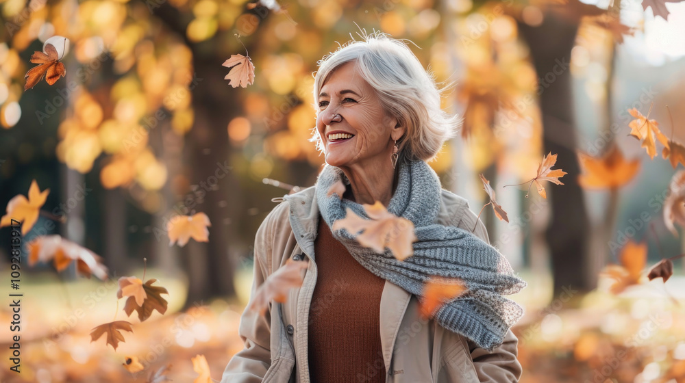 A woman walking briskly through a park, focusing on staying active during menopause, with the autumn leaves falling around her, energizing and serene tone A woman walking briskly through a park, focusing on staying active during menopause, with the autumn leaves falling around her, energizing and serene tone