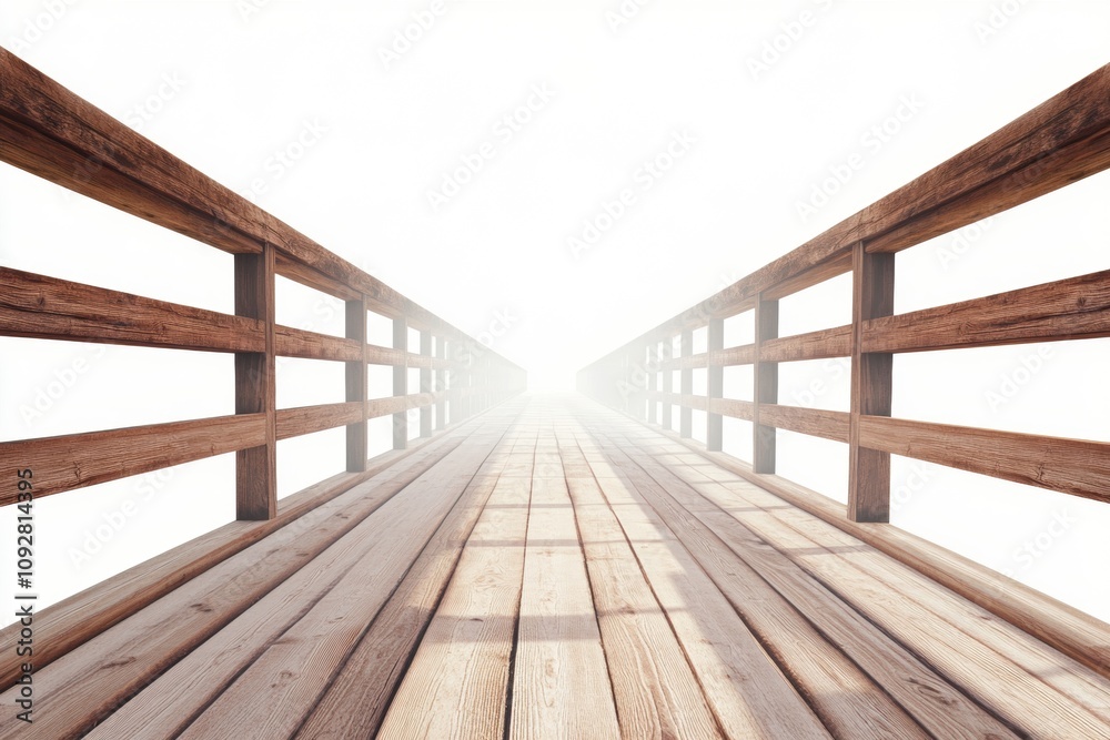 Wooden pathway leading into bright, foggy horizon, white isolate background. Wooden pathway leading into bright, foggy horizon, white isolate background.