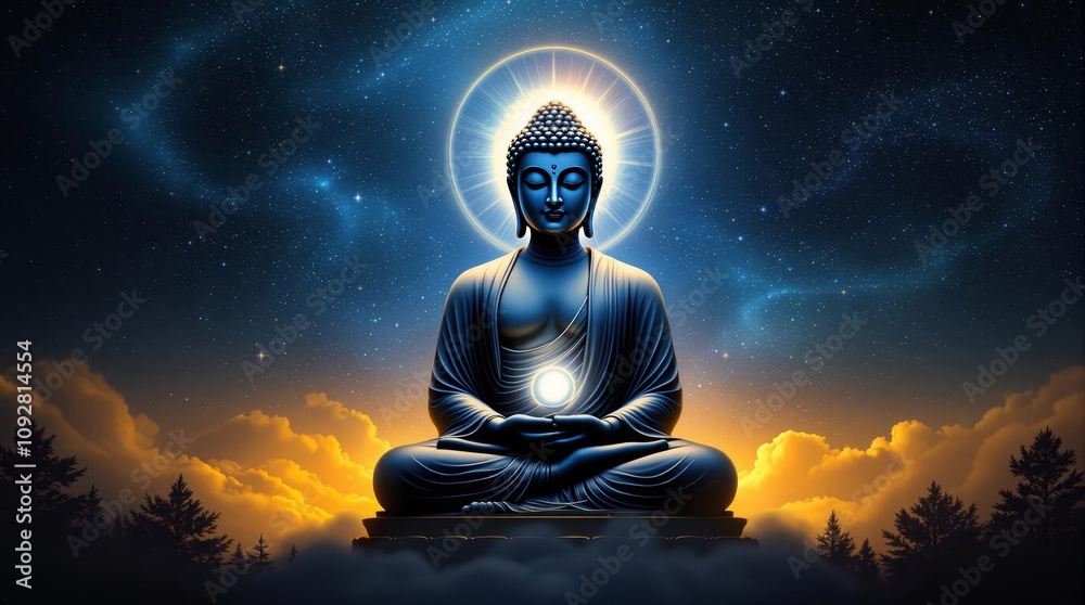 Serene Buddha in meditative pose with celestial night sky, symbolizing peace and enlightenment Serene Buddha in meditative pose with celestial night sky, symbolizing peace and enlightenment