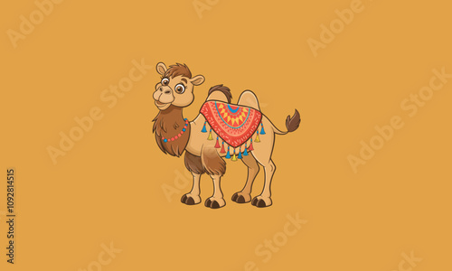Smiling camel with colorful decorative saddle cartoon vector.