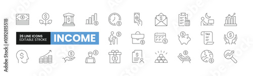 Set of 26 Income or Salary line icons set. Income outline icons with editable stroke collection. Includes Paycheck, Hourly Rate, Overtime, Stock Market, Investment, and More.