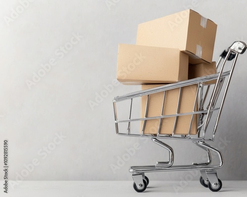 A shopping cart filled with stacked cardboard boxes, set against a neutral background, representing e-commerce and delivery services. photo