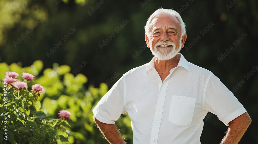 Smiling elderly man standing confidently in a garden surrounded by flowers. Generative AI