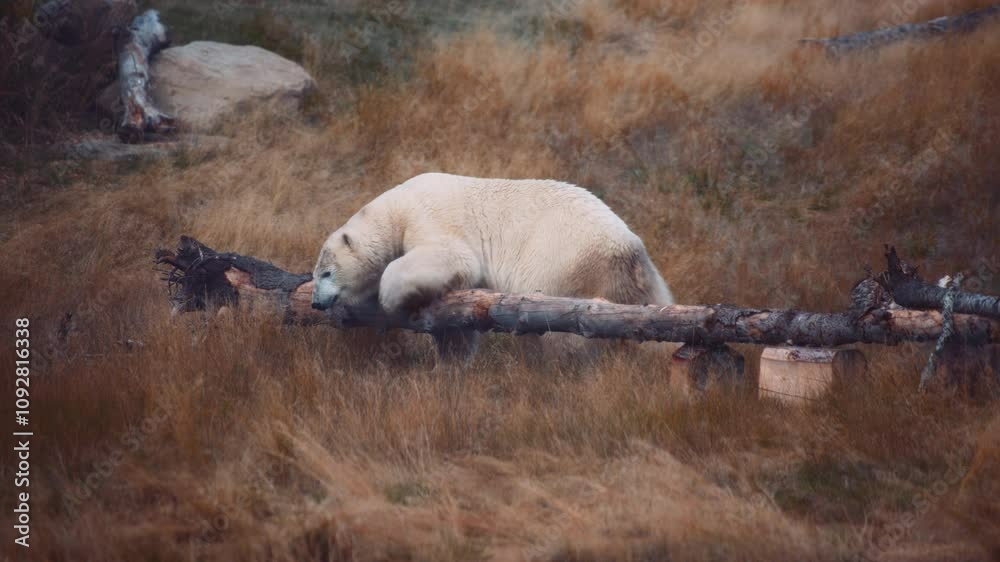 Polar bear walking over a dried log of wood. Slow motion. 