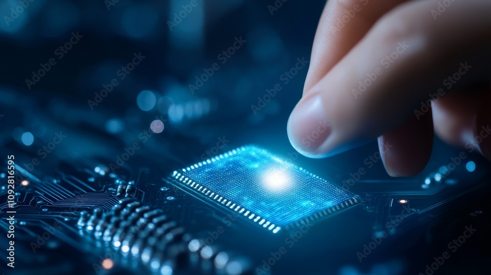 Close-Up of a Hand Hovering Above a Microchip in a Dark and Futuristic Setting with Glowing Blue Lights Highlighting Its Intricate Design and Technology Elements Close-Up of a Hand Hovering Above a Microchip in a Dark and Futuristic Setting with Glowing Blue Lights Highlighting Its Intricate Design and Technology Elements