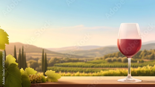 Wallpaper Mural Wine glass at sunset overlooking vineyard hills in a tranquil landscape. Generative AI Torontodigital.ca