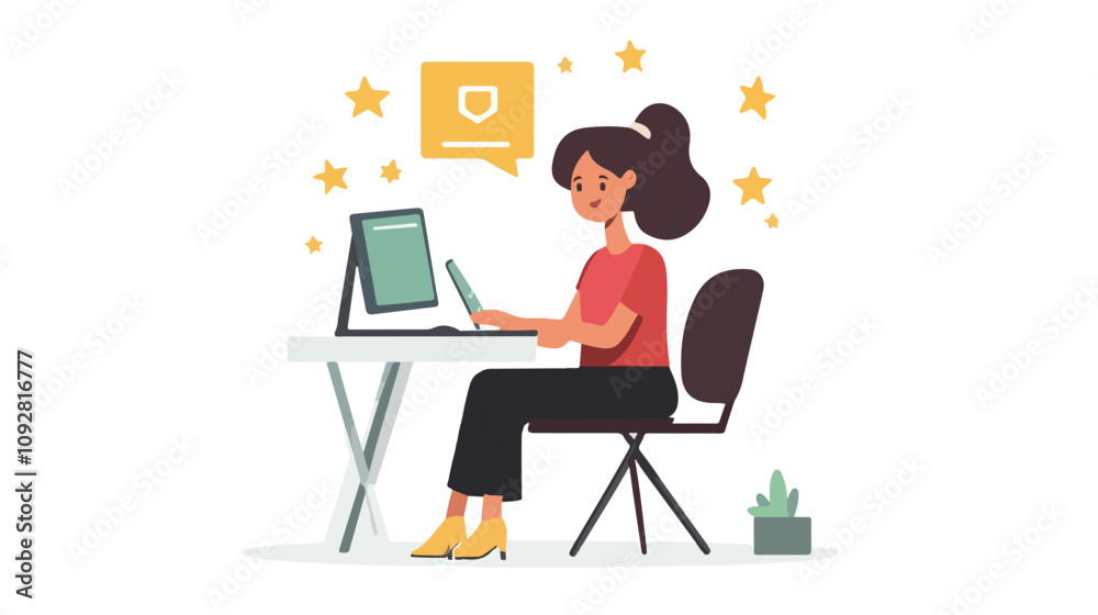 Girl at Computer Reading Positive Reviews Girl at Computer Reading Positive Reviews