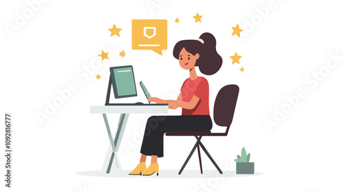 Girl at Computer Reading Positive Reviews
