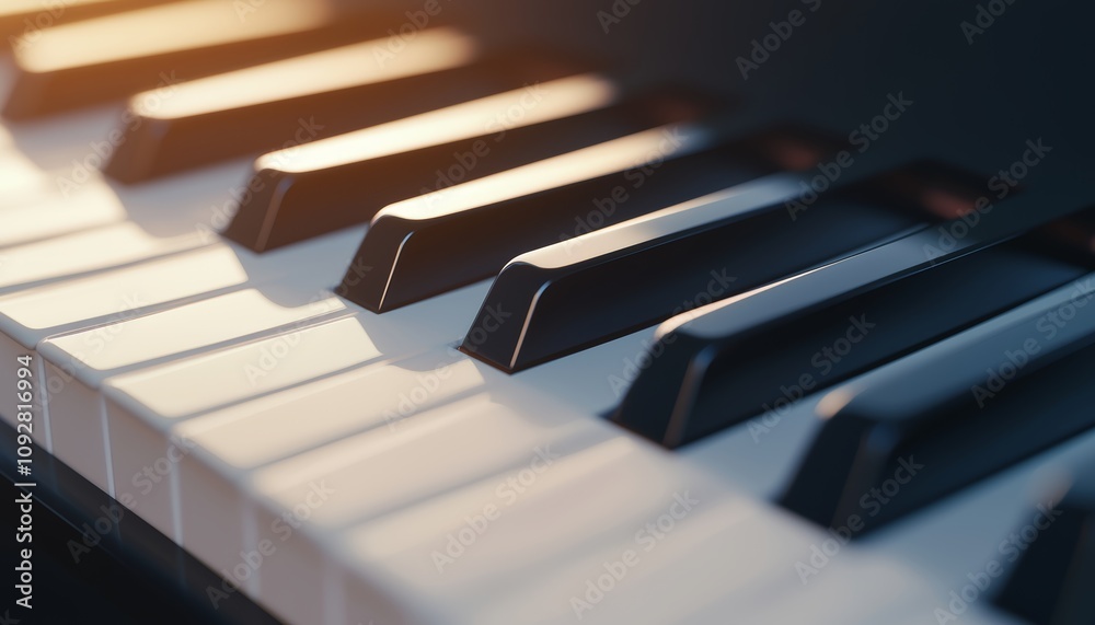 A close-up view of piano keys, highlighting the contrast between black and white keys, illuminated by warm light. A close-up view of piano keys, highlighting the contrast between black and white keys, illuminated by warm light.