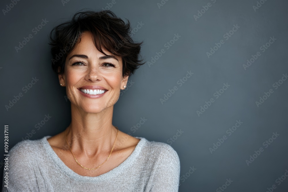 A confident woman with short cropped hair and bright smile stands against a plain gray background, exuding elegance and charisma in a casual yet poised way. A confident woman with short cropped hair and bright smile stands against a plain gray background, exuding elegance and charisma in a casual yet poised way.