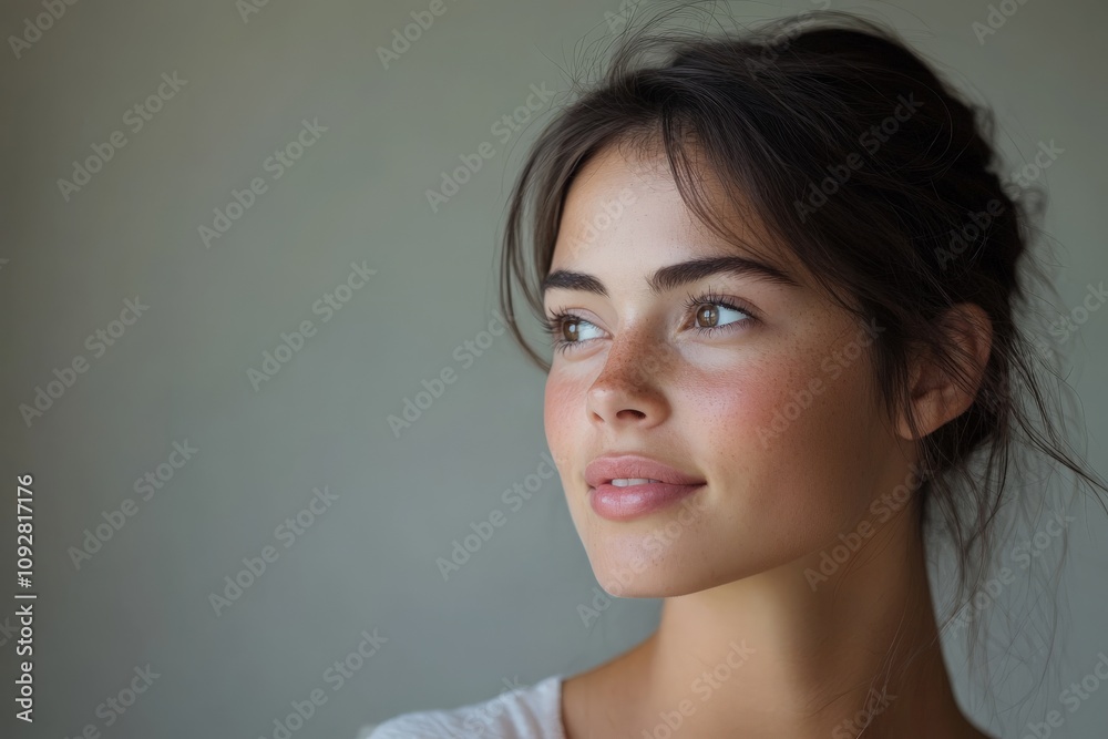 A woman with natural beauty gazes dreamily into the distance, with soft lighting emphasizing her peaceful expression, representing tranquility and introspection. A woman with natural beauty gazes dreamily into the distance, with soft lighting emphasizing her peaceful expression, representing tranquility and introspection.