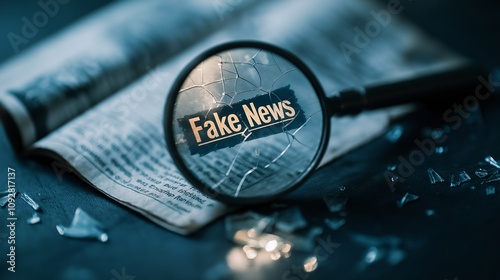 Wallpaper Mural A Dramatic Close-Up of a Magnifying Glass Highlighting the Words 'Fake News' on a Newspaper Surrounded by Broken Glass, Symbolizing Truth and Deception Torontodigital.ca