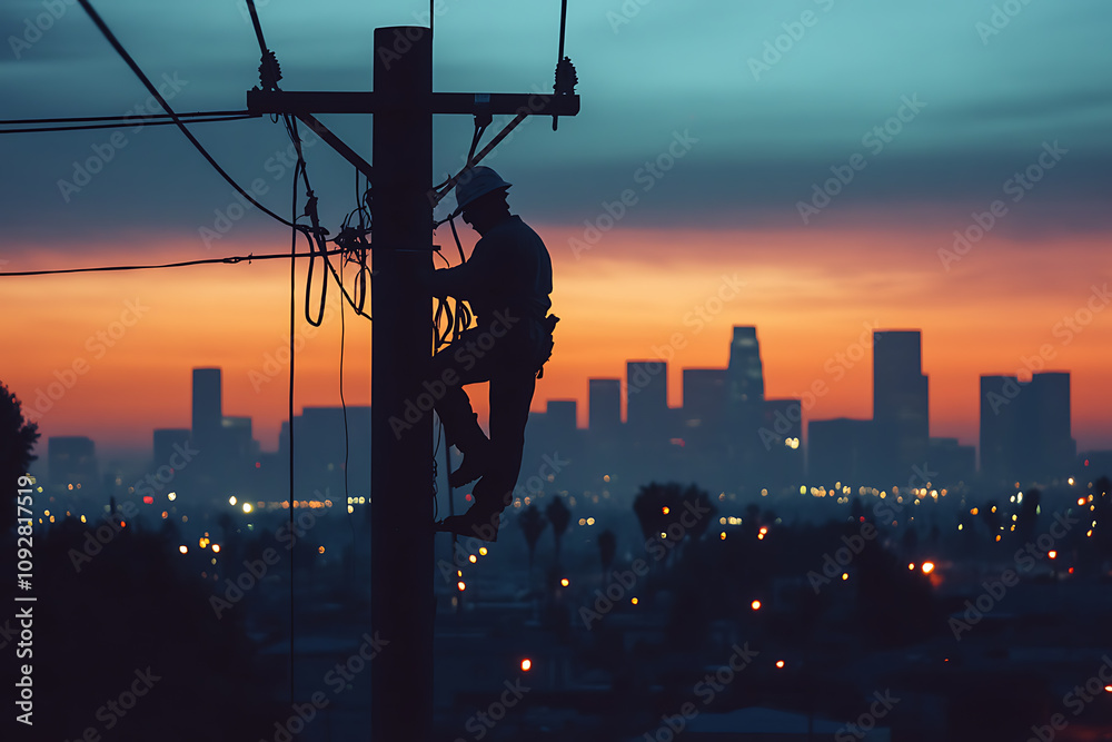An electric pole worker performing maintenance, silhouetted against a city skyline, symbolizing urban infrastructure and essential services. An electric pole worker performing maintenance, silhouetted against a city skyline, symbolizing urban infrastructure and essential services.