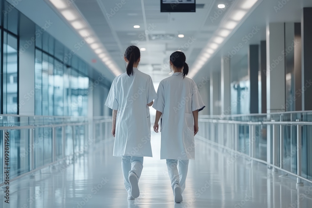 Two healthcare professionals walk side by side down a hospital corridor, illustrating teamwork, professionalism, and the daily routine within a modern medical facility. Two healthcare professionals walk side by side down a hospital corridor, illustrating teamwork, professionalism, and the daily routine within a modern medical facility.