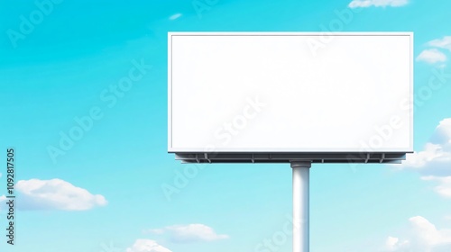 Blank billboard stands under a clear blue sky with fluffy clouds. Generative AI