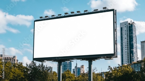 Wallpaper Mural Large blank billboard stands in urban landscape under a clear blue sky. Generative AI Torontodigital.ca
