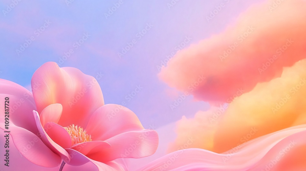 Obraz premium Soft pink flower blooms under a pastel sky filled with fluffy clouds. Generative AI