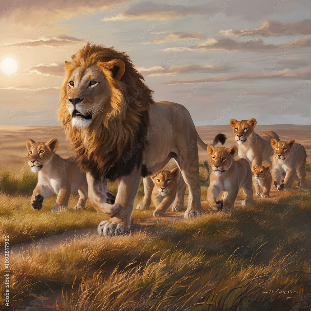 Describe the daily life of a lion leading its pride in the savanna. Describe the daily life of a lion leading its pride in the savanna.