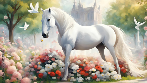 A white horse is standing in a park full of flowers and a beautiful dove is sitting on top of it