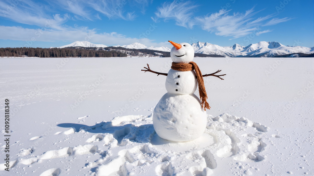 Obraz premium Snowman in sunlit snowy field