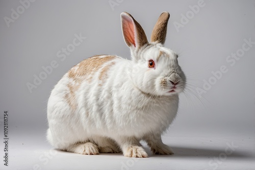 Cute eight week old brown baby European rabbit sitting and looking to the side, isolated on white
 photo