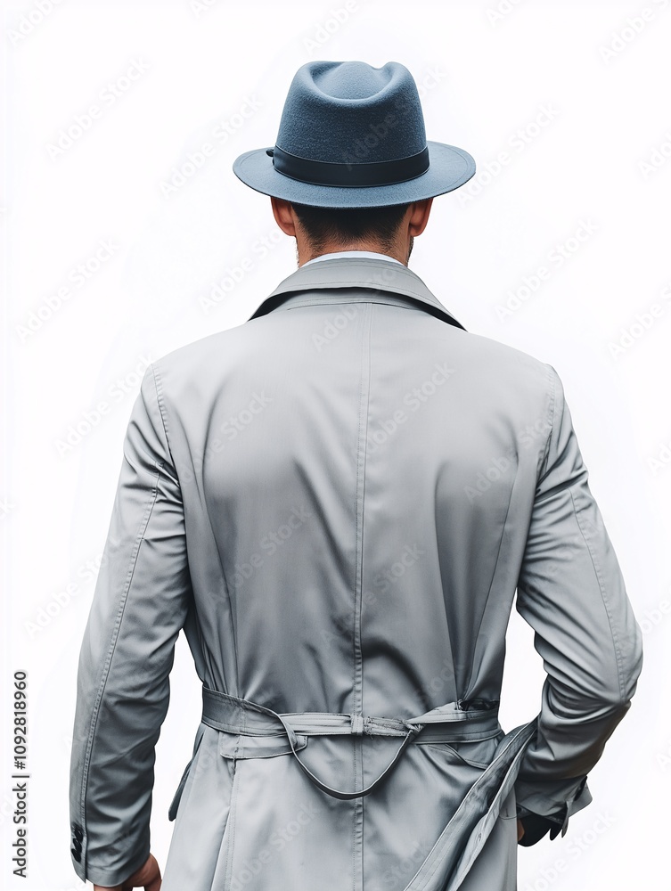 A Stylish Individual in a Gray Trench Coat and Fedora Walking Away, Creating an Air of Mystery and Elegance in a Minimalist Urban Environment A Stylish Individual in a Gray Trench Coat and Fedora Walking Away, Creating an Air of Mystery and Elegance in a Minimalist Urban Environment