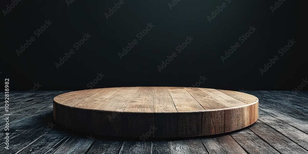 Minimalist Wooden Round Platform Against Dark Background for Product Display and Photography Purposes in Studio Environment Minimalist Wooden Round Platform Against Dark Background for Product Display and Photography Purposes in Studio Environment