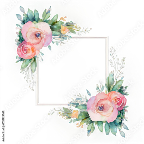 Elegant watercolor floral frame design with soft pastels surrounding a blank ...