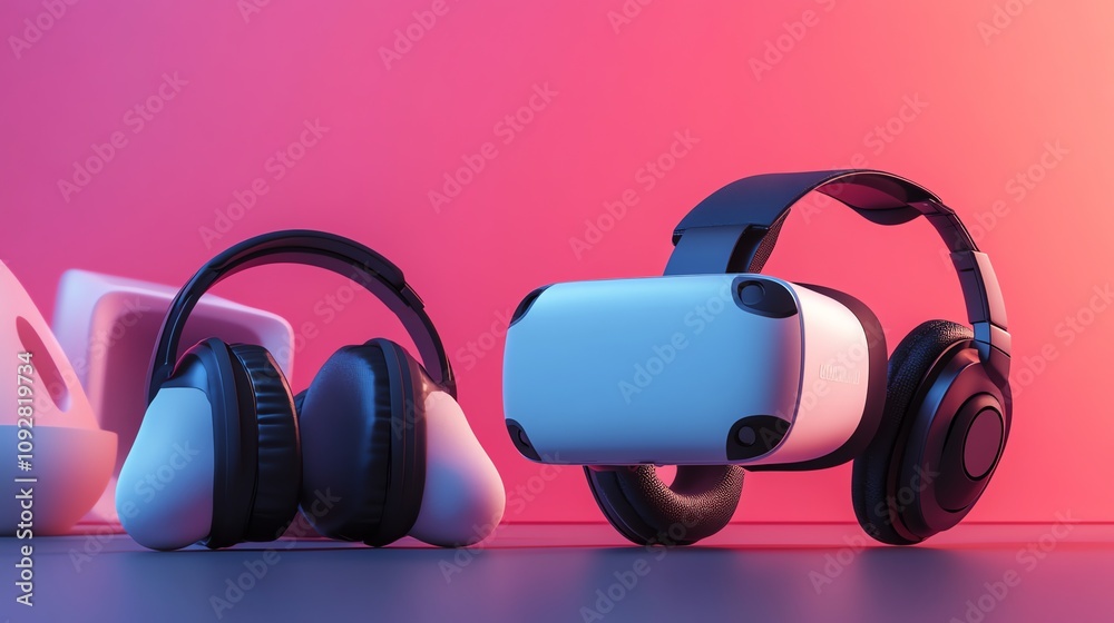 A VR headset and headphones on a white surface with a pink and blue gradient background. A VR headset and headphones on a white surface with a pink and blue gradient background.