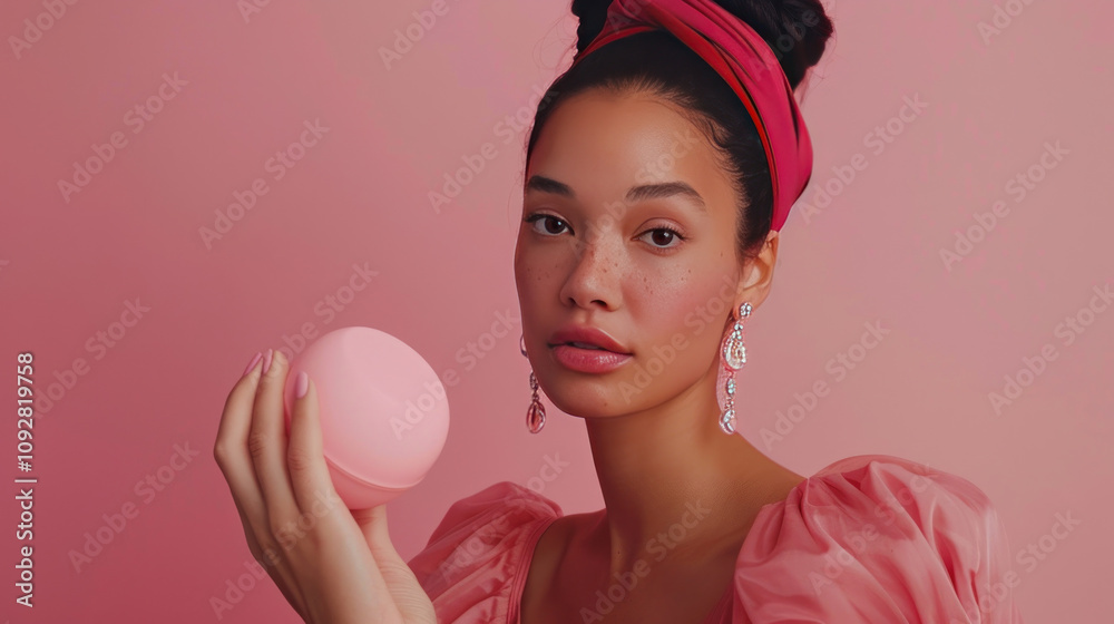 Graceful Hispanic woman with glowing skin, holding a product mock-up confidently, styled for a high-end skincare ad with soft tones and modern elegance Graceful Hispanic woman with glowing skin, holding a product mock-up confidently, styled for a high-end skincare ad with soft tones and modern elegance