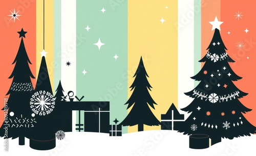 Christmas scene, retro style, colorful stripes background, silhouette trees, presents, snowflakes, festive, minimalist design, flat illustration, geometric shapes, holiday motif, vintage palette, wint photo