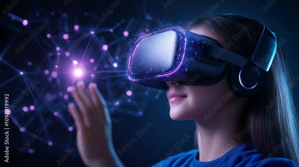 Young Woman Engaged in Immersive Virtual Reality Experience with Futuristic Graphics and Eye-Catching Visual Effects Exhibiting Modern Technology Concepts