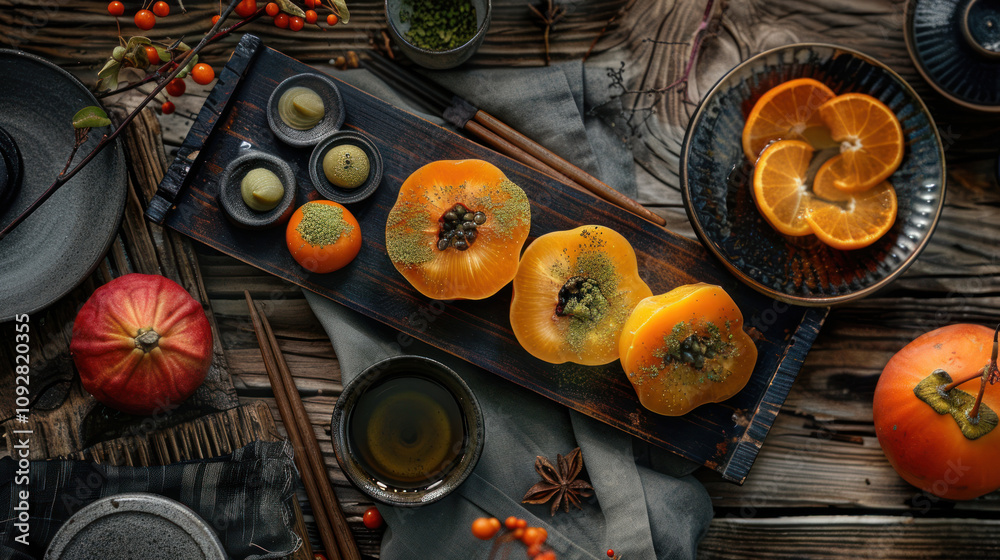 Japanese-inspired fruit decor with precisely sliced persimmons and matcha-dusted dragon fruit, minimalist wooden table, peaceful tea ceremony ambiance Japanese-inspired fruit decor with precisely sliced persimmons and matcha-dusted dragon fruit, minimalist wooden table, peaceful tea ceremony ambiance