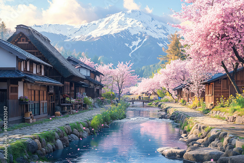 Traditional japanese village surrounded by blooming cherry blossoms, a serene canal, and mount fuji in the distance, symbolizing tranquility, natural beauty, and cultural heritage. 