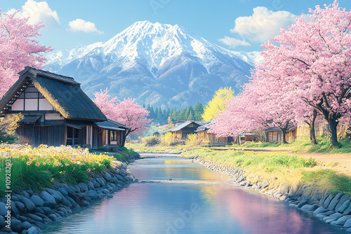 Traditional japanese village surrounded by blooming cherry blossoms, a serene canal, and mount fuji in the distance, symbolizing tranquility, natural beauty, and cultural heritage. 